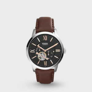 Towns Men Automatic Black Dial Multi-Function Leather Watch