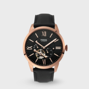 Towns Men Automatic Black Dial Multi-Function Leather Watch